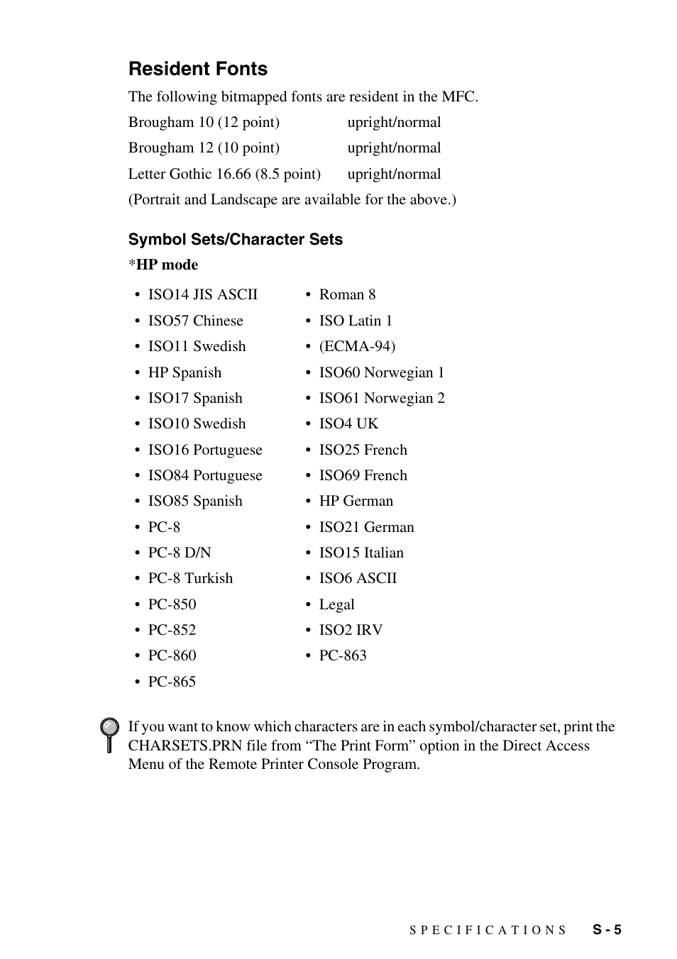 Resident fonts, Symbol sets/character sets | Brother MFC-9800 User Manual | Page 223 / 232