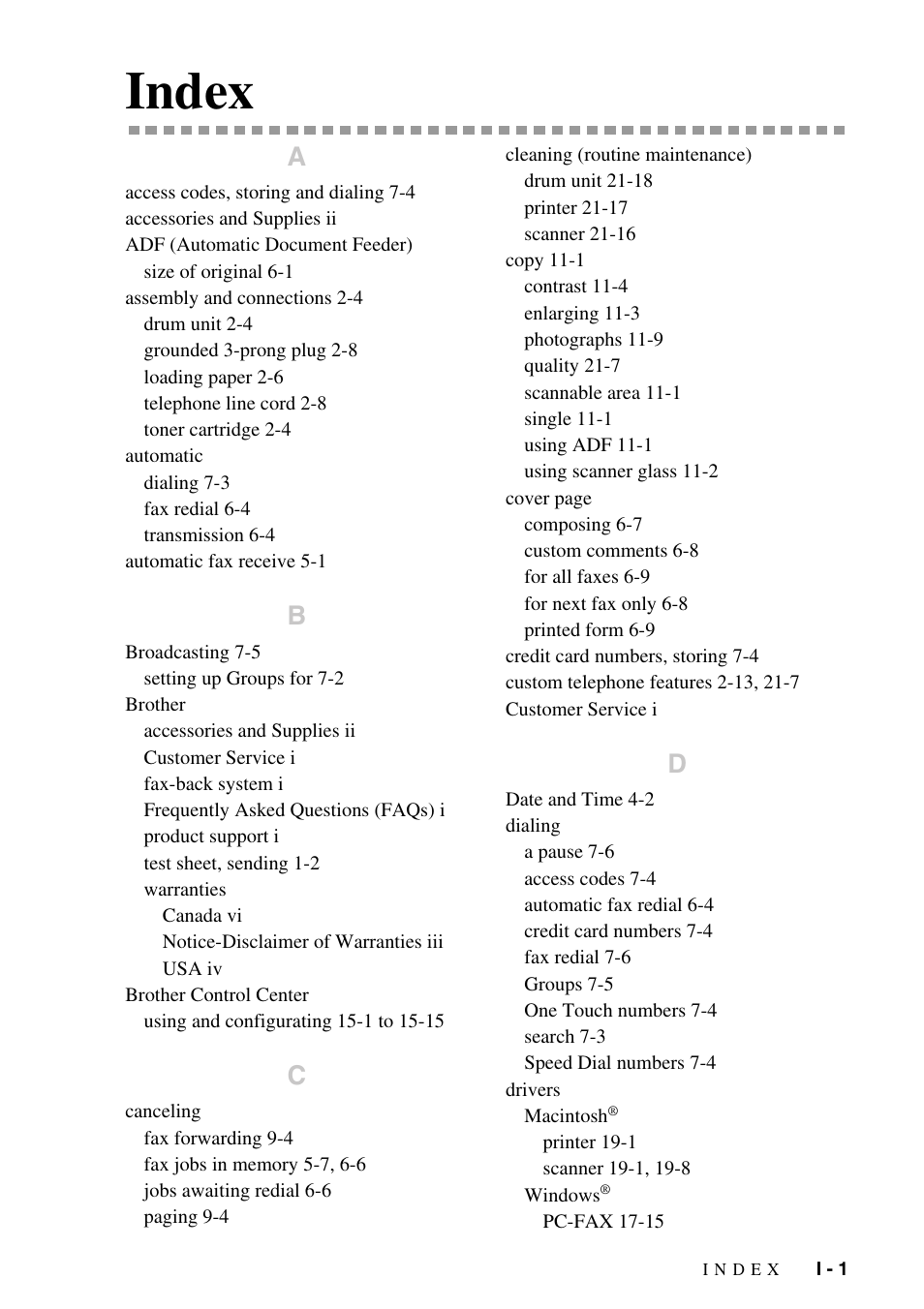 Index | Brother MFC-9800 User Manual | Page 225 / 232