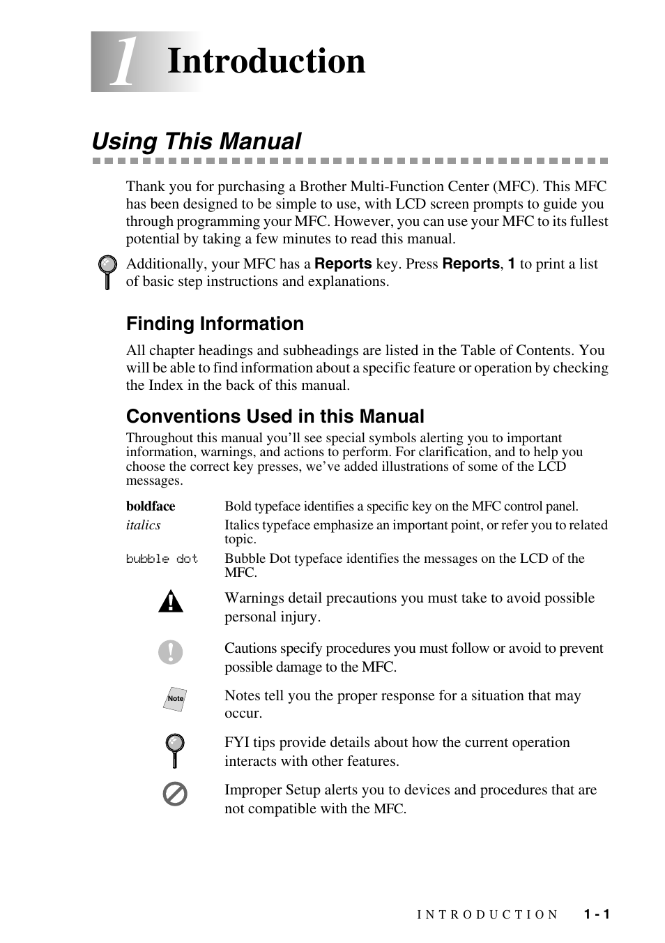 1 introduction, Using this manual, Finding information | Conventions used in this manual, Introduction -1, Using this manual -1, Introduction | Brother MFC-9800 User Manual | Page 23 / 232