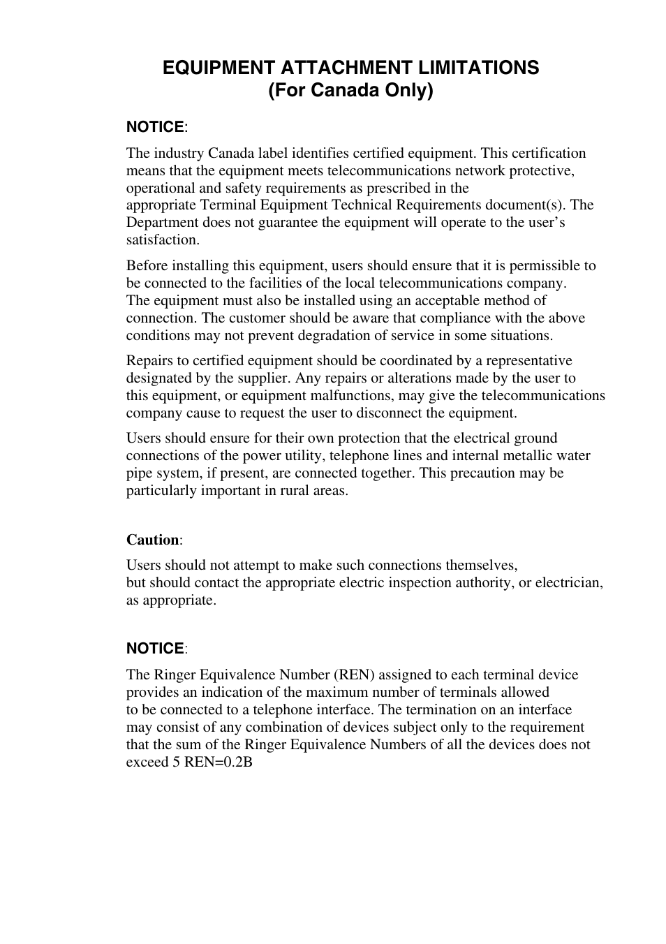 Equipment attachment limitations (for canada only) | Brother MFC-9800 User Manual | Page 231 / 232