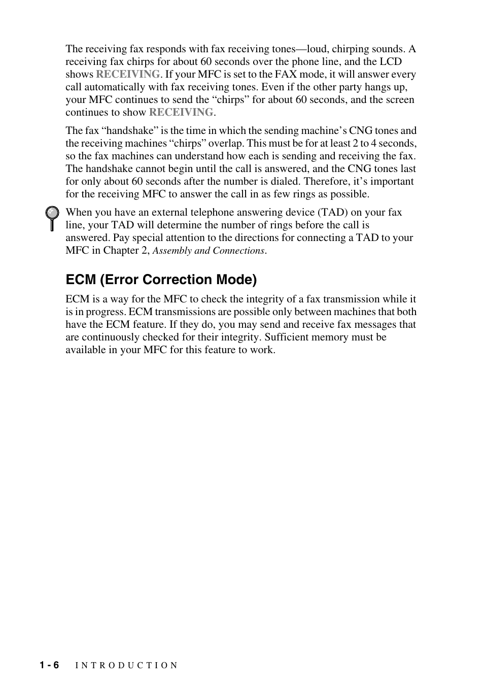 Ecm (error correction mode), Ecm (error correction mode) -6 | Brother MFC-9800 User Manual | Page 28 / 232