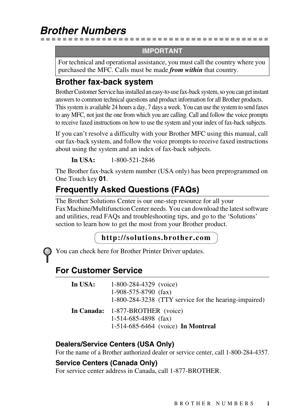 Brother numbers, Brother fax-back system, Frequently asked questions (faqs) | For customer service, Dealers/service centers (usa only), Service centers (canada only) | Brother MFC-9800 User Manual | Page 3 / 232