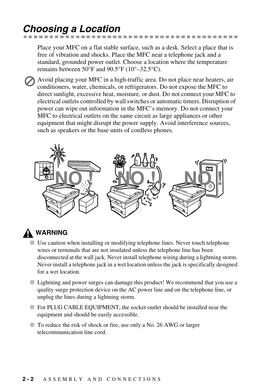 Choosing a location, Choosing a location -2 | Brother MFC-9800 User Manual | Page 30 / 232