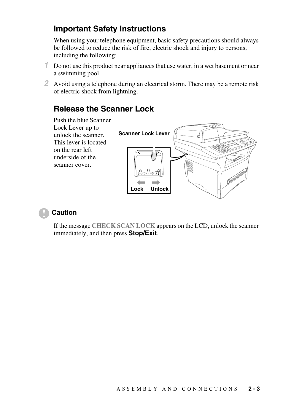 Important safety instructions, Release the scanner lock | Brother MFC-9800 User Manual | Page 31 / 232