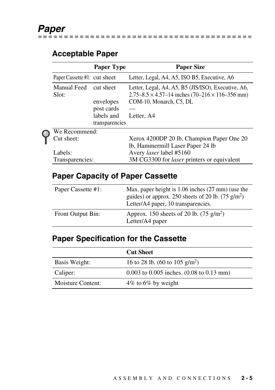 Paper, Acceptable paper, Paper capacity of paper cassette | Paper specification for the cassette, Paper -5 | Brother MFC-9800 User Manual | Page 33 / 232