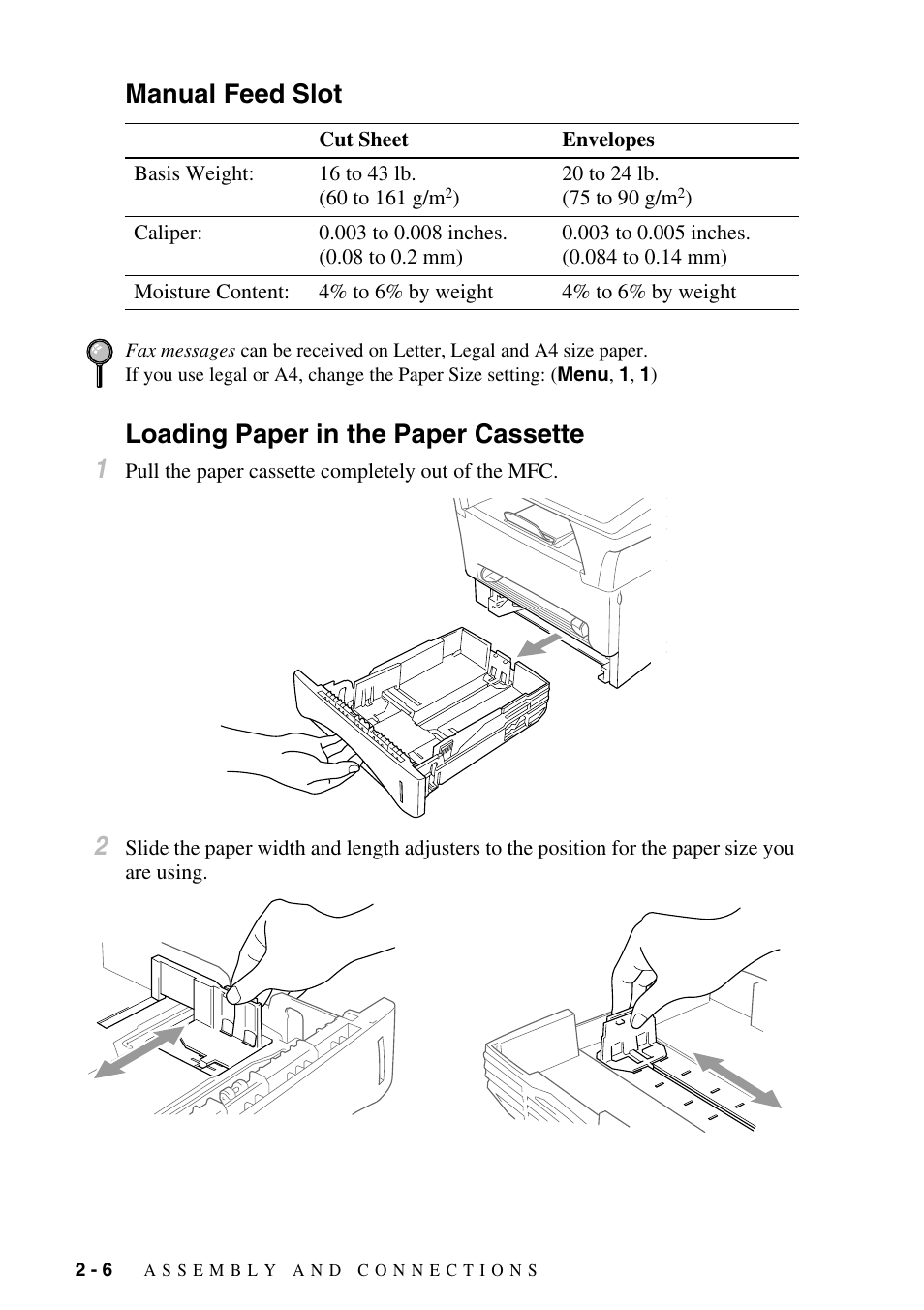 Manual feed slot, Loading paper in the paper cassette | Brother MFC-9800 User Manual | Page 34 / 232