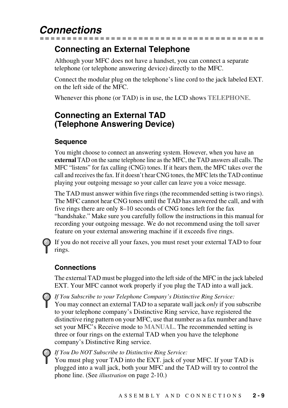 Connections, Connecting an external telephone, Sequence | Connections -9, Connecting an, External tad (telephone answering device) | Brother MFC-9800 User Manual | Page 37 / 232