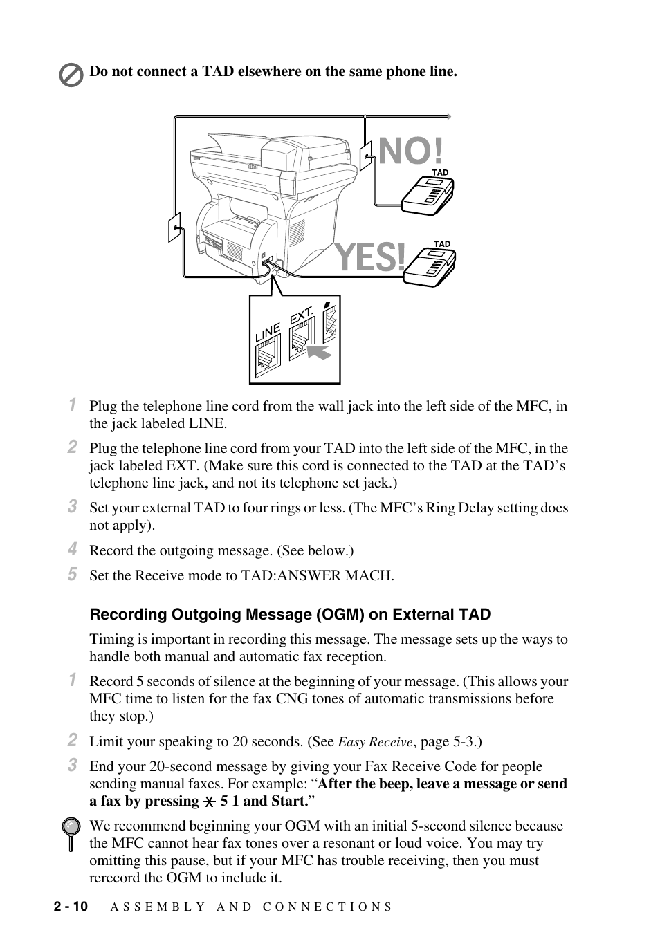 Recording outgoing message (ogm) on external tad | Brother MFC-9800 User Manual | Page 38 / 232