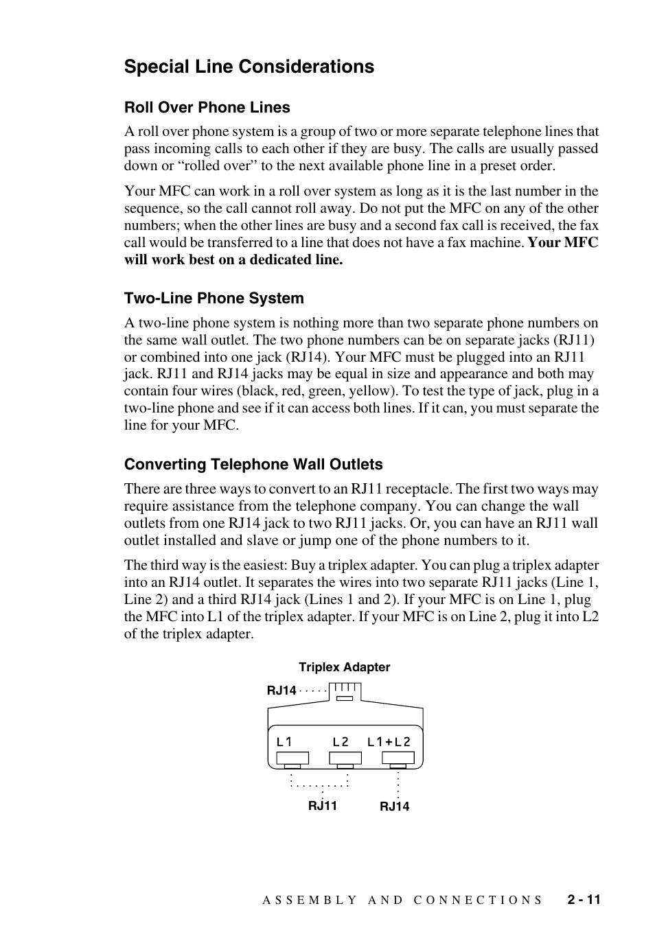 Special line considerations, Roll over phone lines, Two-line phone system | Converting telephone wall outlets, Special line considerations -11 | Brother MFC-9800 User Manual | Page 39 / 232