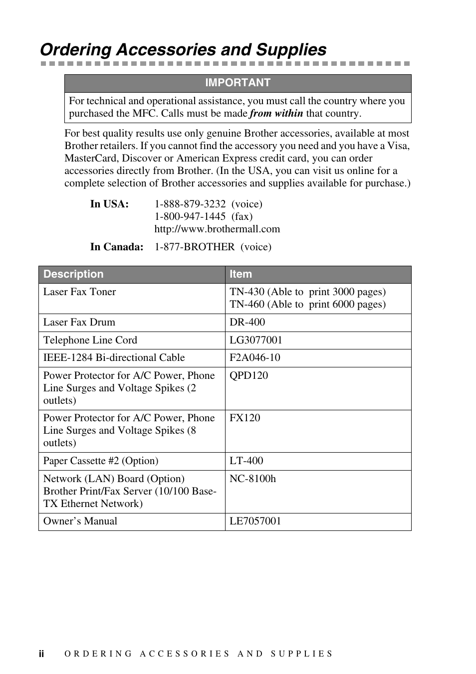 Ordering accessories and supplies | Brother MFC-9800 User Manual | Page 4 / 232