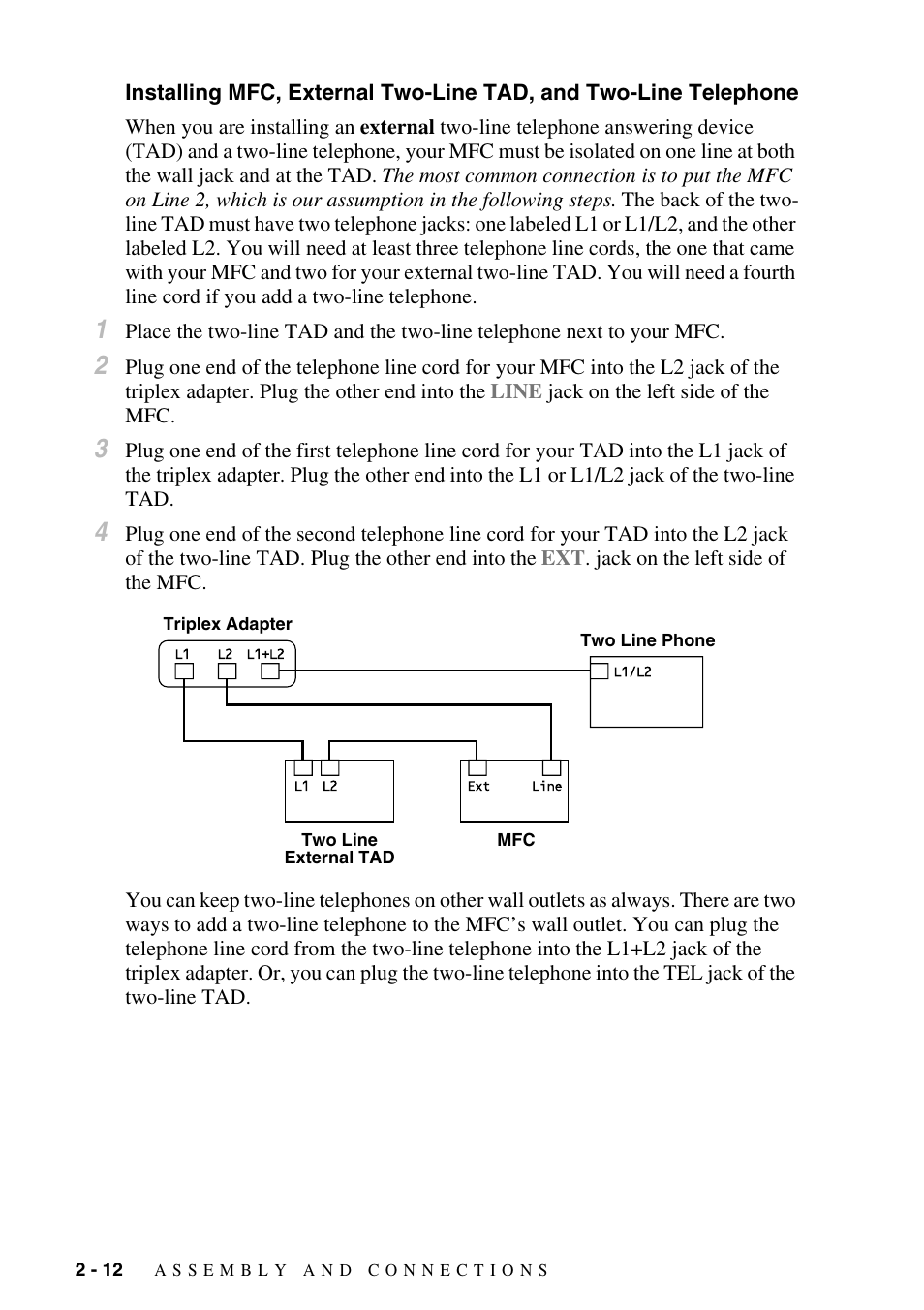 Installing mfc, external two-line tad, and, Two-line telephone -12 | Brother MFC-9800 User Manual | Page 40 / 232