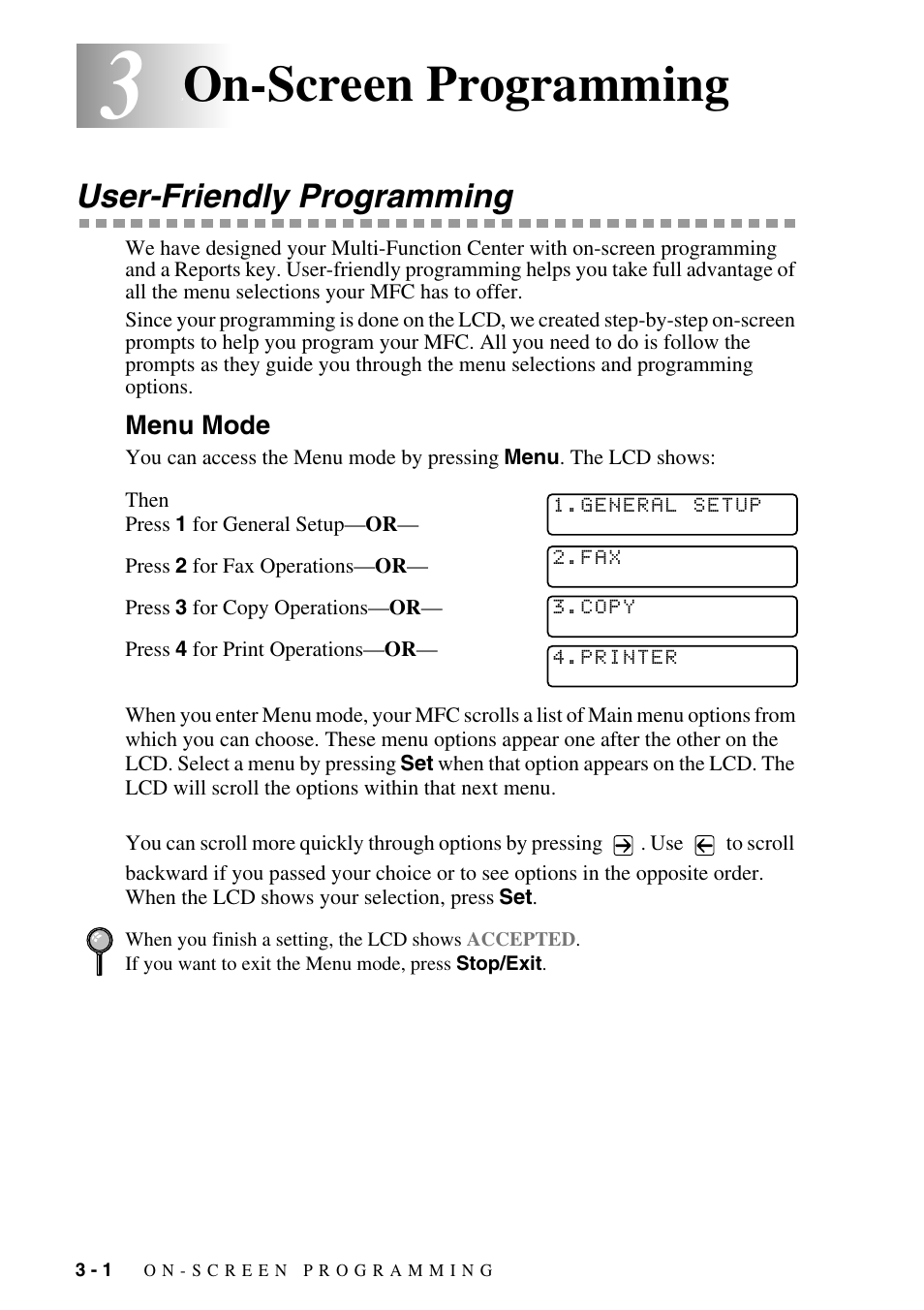 3 on-screen programming, User-friendly programming, Menu mode | On-screen programming -1, User-friendly programming -1, Menu mode -1, On-screen programming | Brother MFC-9800 User Manual | Page 42 / 232