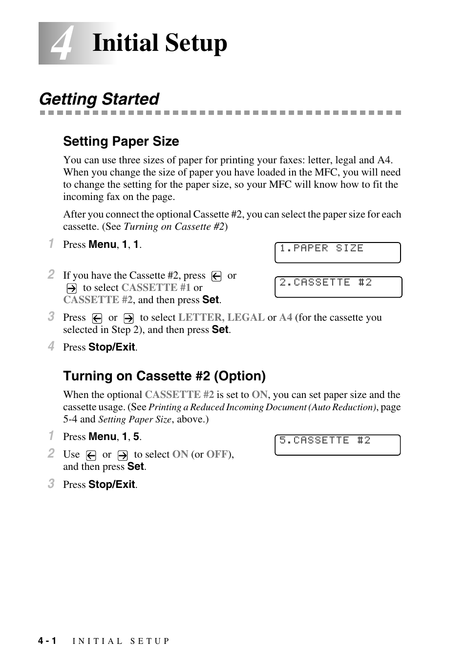4 initial setup, Getting started, Setting paper size | Turning on cassette #2 (option), Initial setup -1, Getting started -1, Initial setup | Brother MFC-9800 User Manual | Page 48 / 232