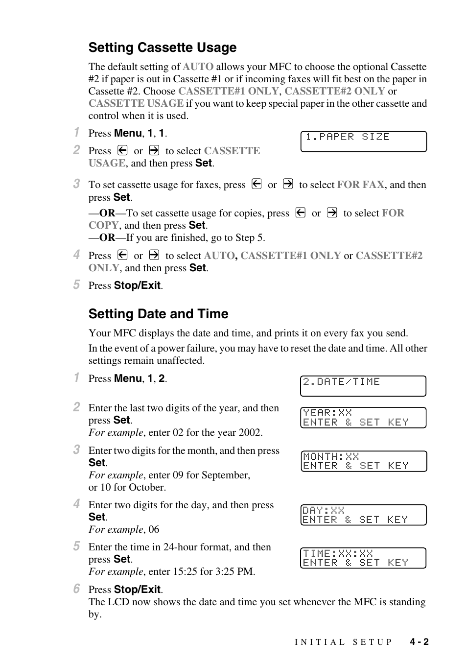 Setting cassette usage, Setting date and time, Setting cassette usage -2 setting date and time -2 | Brother MFC-9800 User Manual | Page 49 / 232