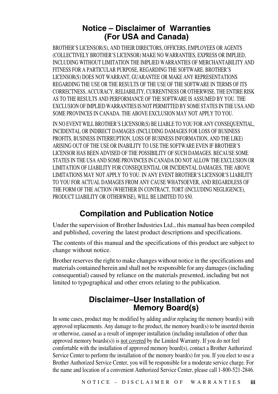 Compilation and publication notice, Disclaimer–user installation of memory board(s) | Brother MFC-9800 User Manual | Page 5 / 232