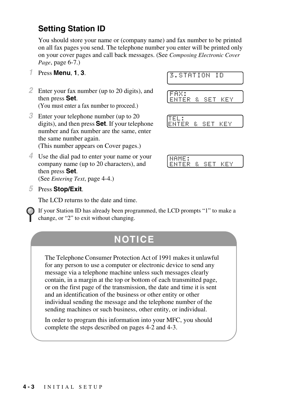 Setting station id, Setting station id -3, N ot i c e | Brother MFC-9800 User Manual | Page 50 / 232