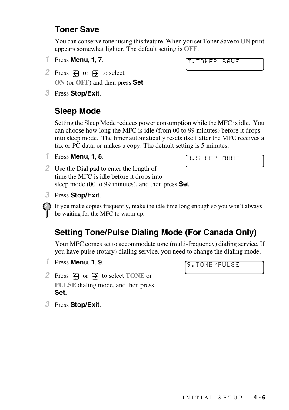 Toner save, Sleep mode, Setting tone/pulse dialing mode (for canada only) | Brother MFC-9800 User Manual | Page 53 / 232