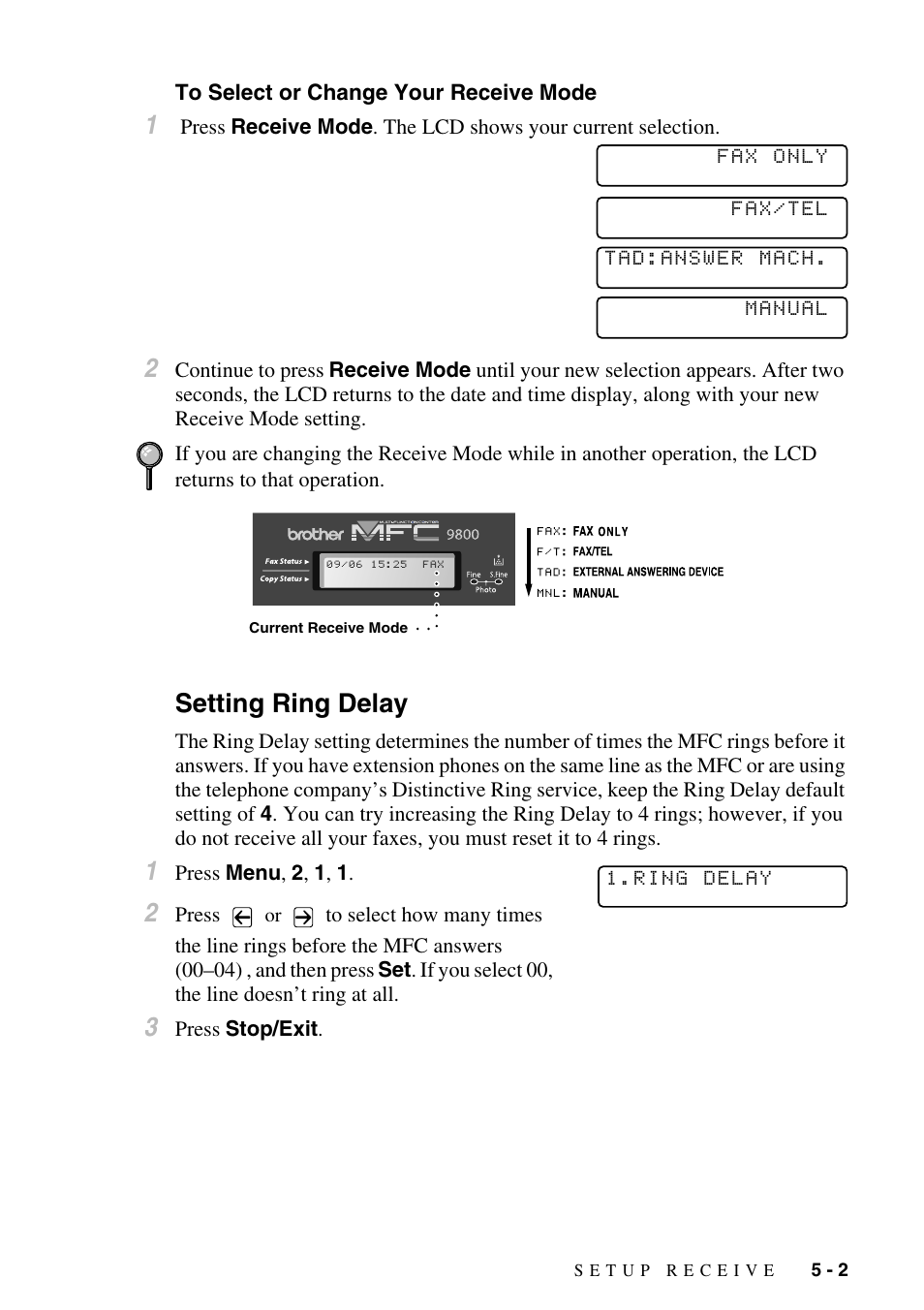 To select or change your receive mode, Setting ring delay, To select or change your receive mode -2 | Setting ring delay -2 | Brother MFC-9800 User Manual | Page 55 / 232
