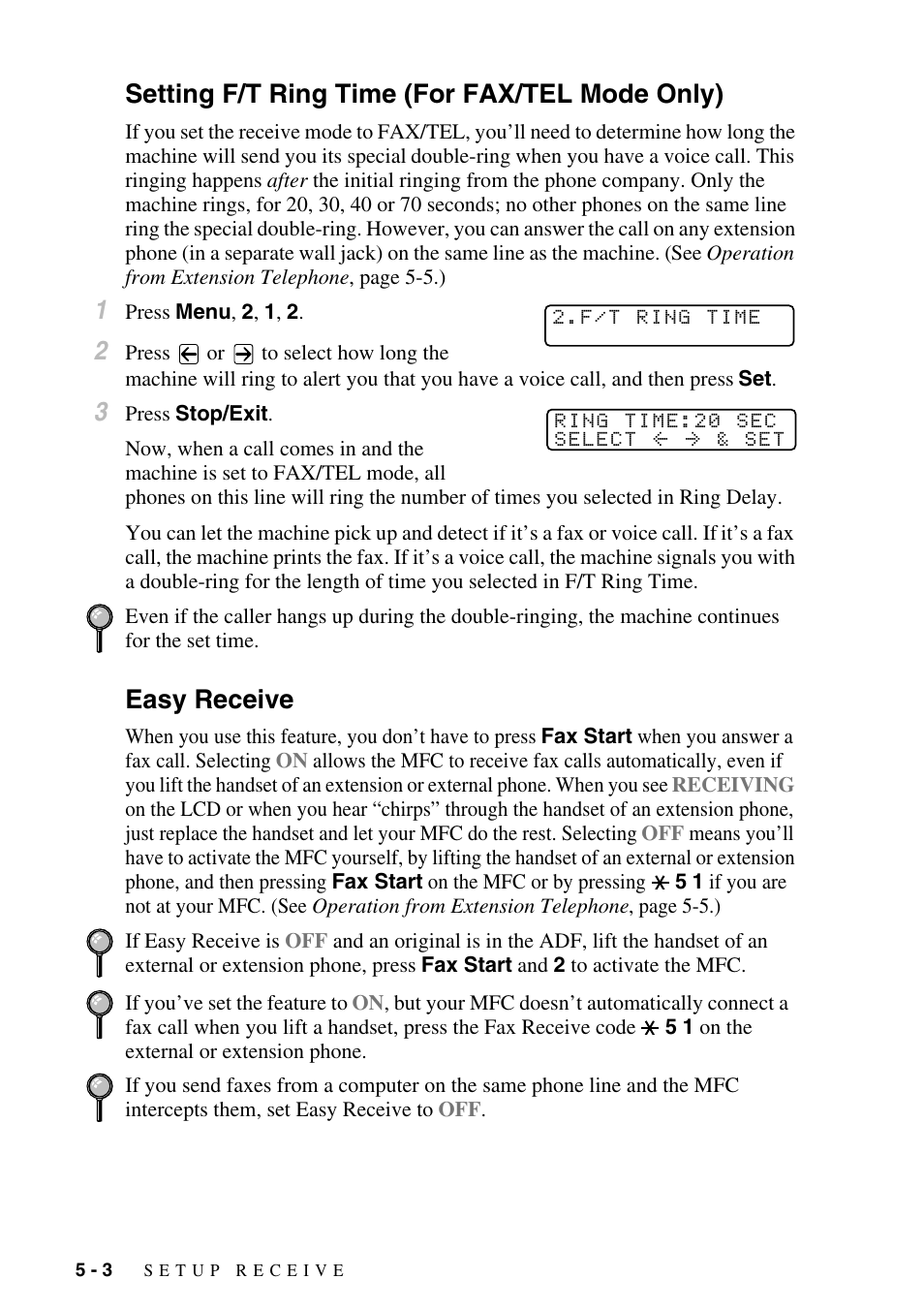 Setting f/t ring time (for fax/tel mode only), Easy receive | Brother MFC-9800 User Manual | Page 56 / 232