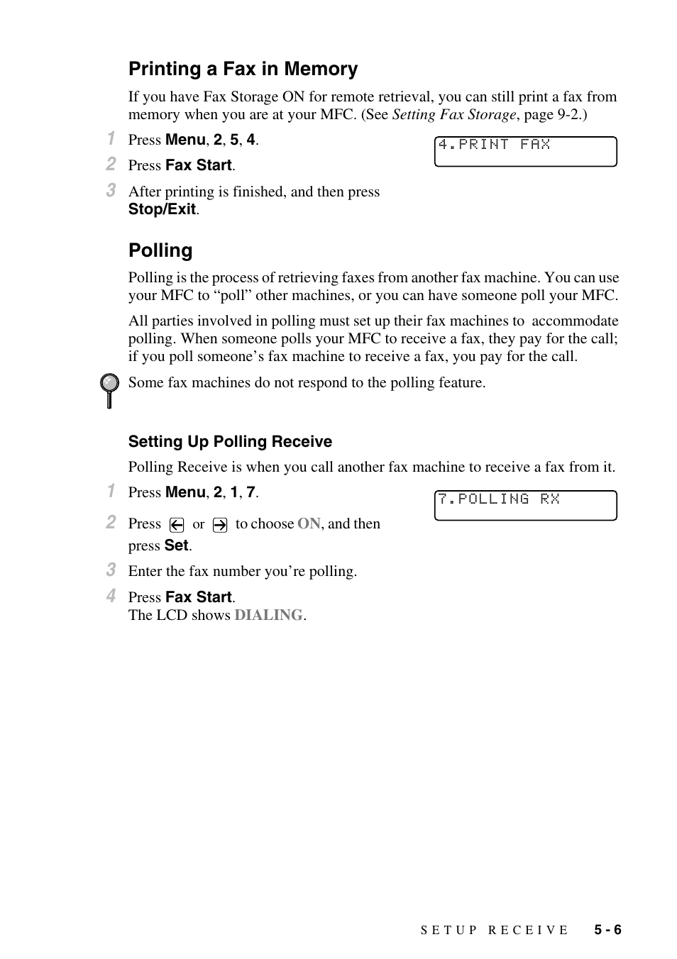 Printing a fax in memory, Polling, Setting up polling receive | Printing a fax in memory -6 polling -6, Setting up polling receive -6 | Brother MFC-9800 User Manual | Page 59 / 232