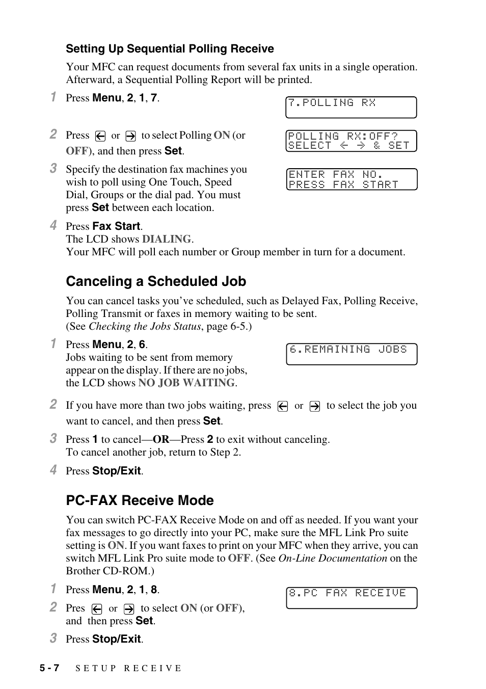 Setting up sequential polling receive, Canceling a scheduled job, Pc-fax receive mode | Setting up sequential polling receive -7 | Brother MFC-9800 User Manual | Page 60 / 232