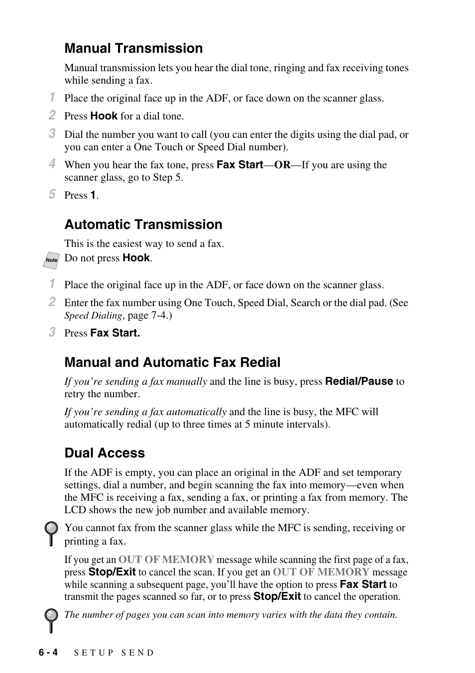 Manual transmission, Automatic transmission, Manual and automatic fax redial | Dual access | Brother MFC-9800 User Manual | Page 64 / 232