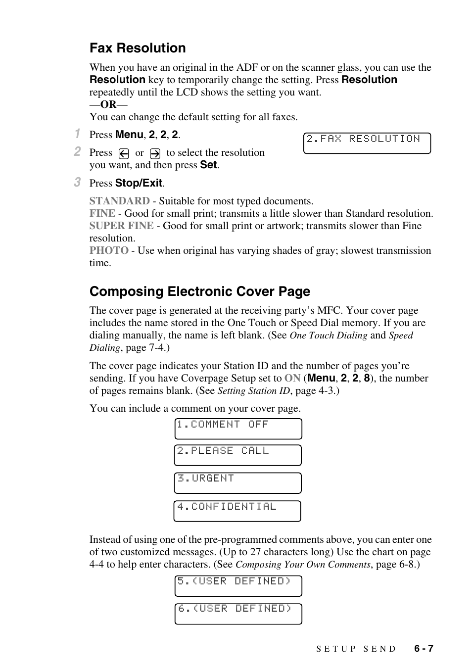 Fax resolution, Composing electronic cover, Composing electronic cover page | Brother MFC-9800 User Manual | Page 67 / 232
