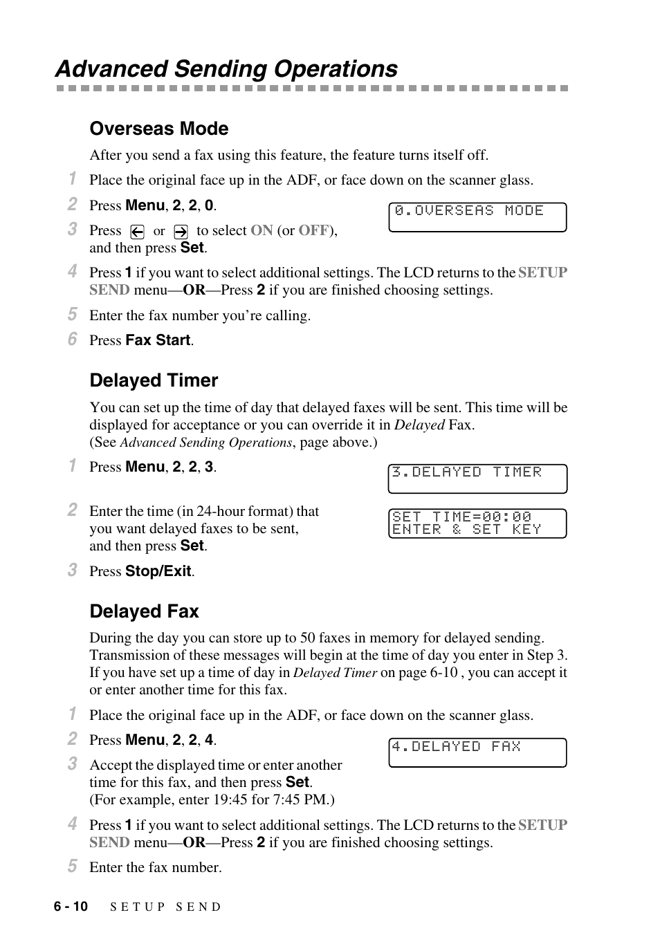Advanced sending operations, Overseas mode, Delayed timer | Delayed fax, Advanced sending operations -10 | Brother MFC-9800 User Manual | Page 70 / 232