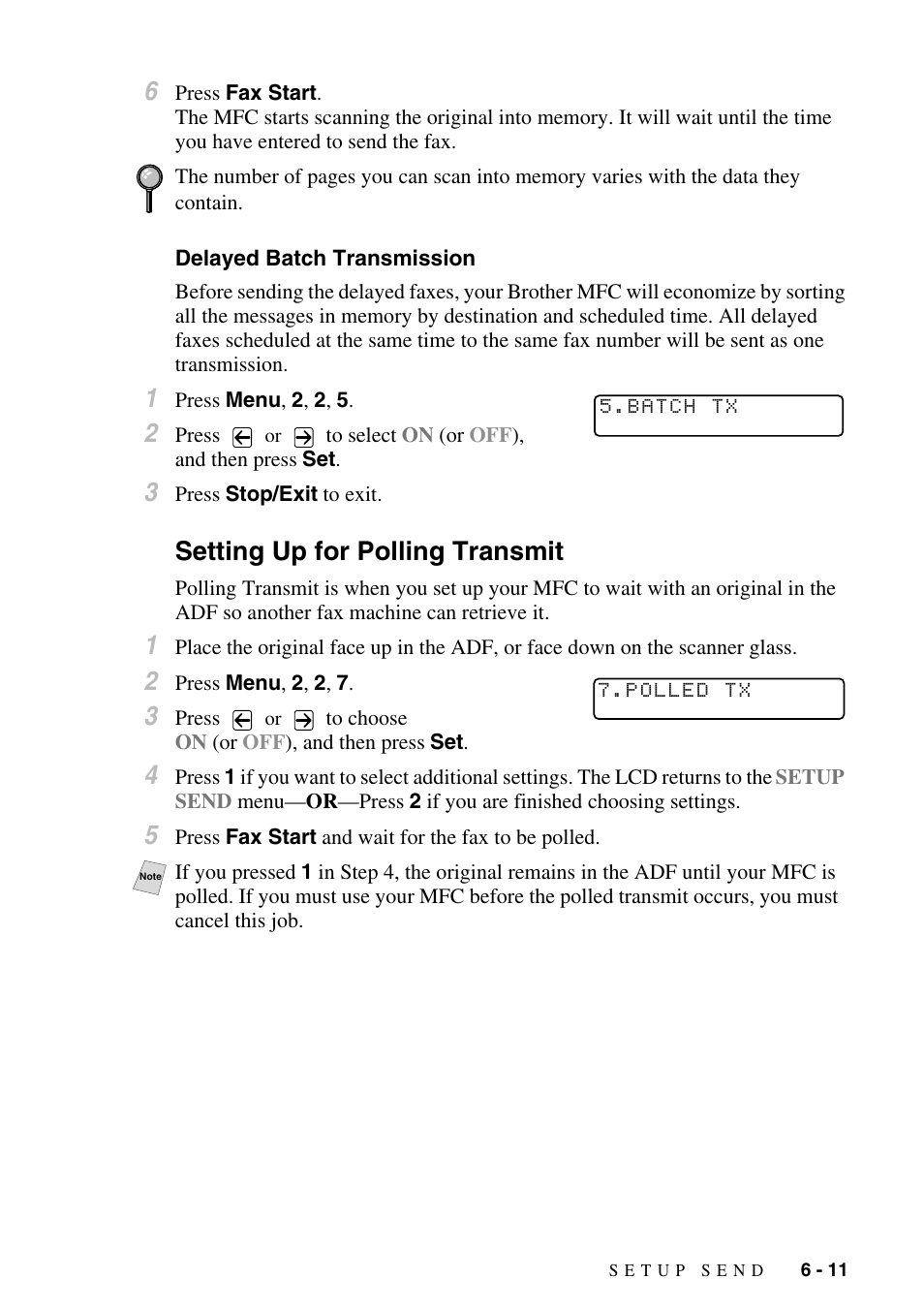 Delayed batch transmission, Setting up for polling transmit, Delayed batch transmission -11 | Setting up for polling transmit -11 | Brother MFC-9800 User Manual | Page 71 / 232