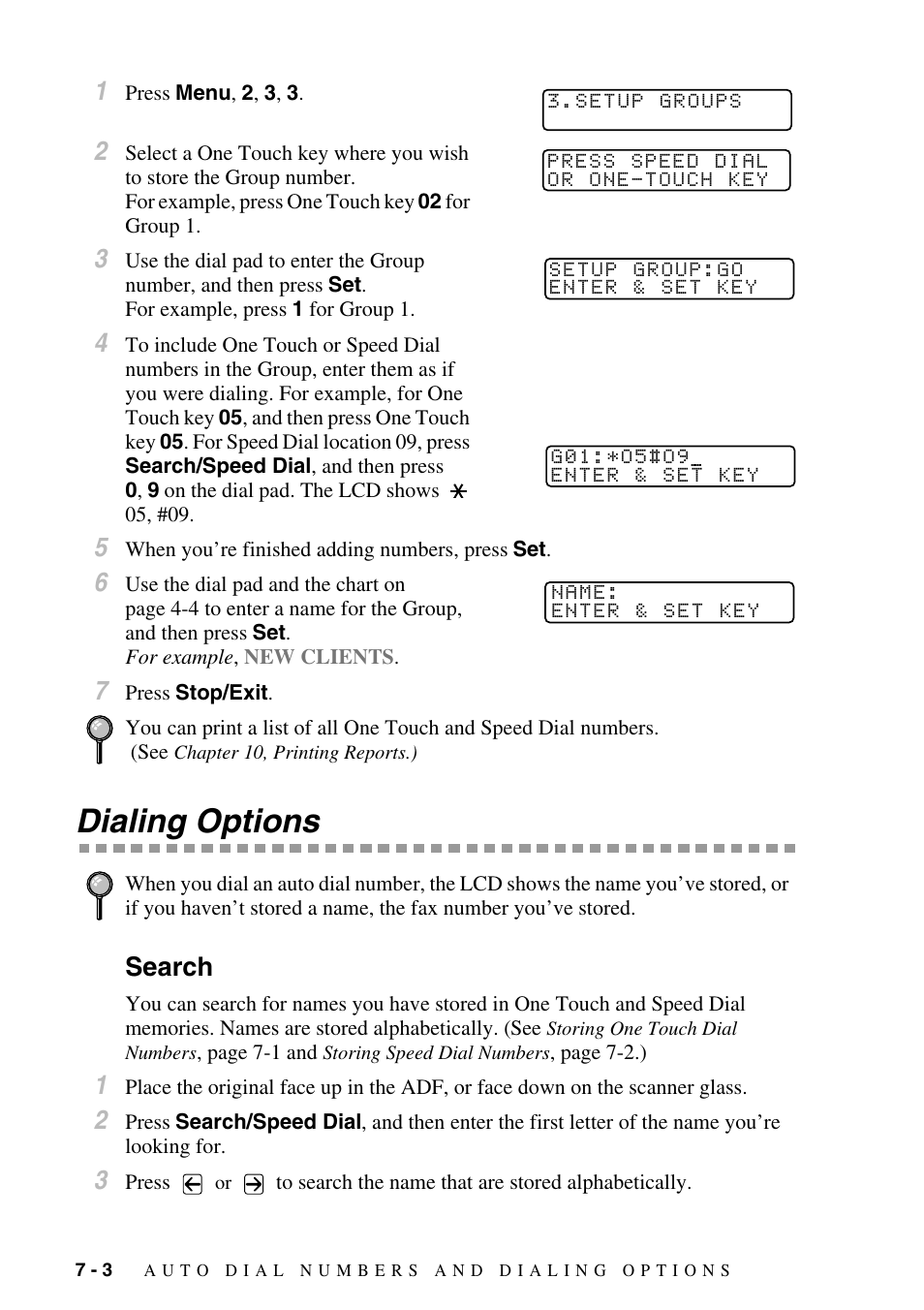 Dialing options, Search, Dialing options -3 | Search -3 | Brother MFC-9800 User Manual | Page 74 / 232