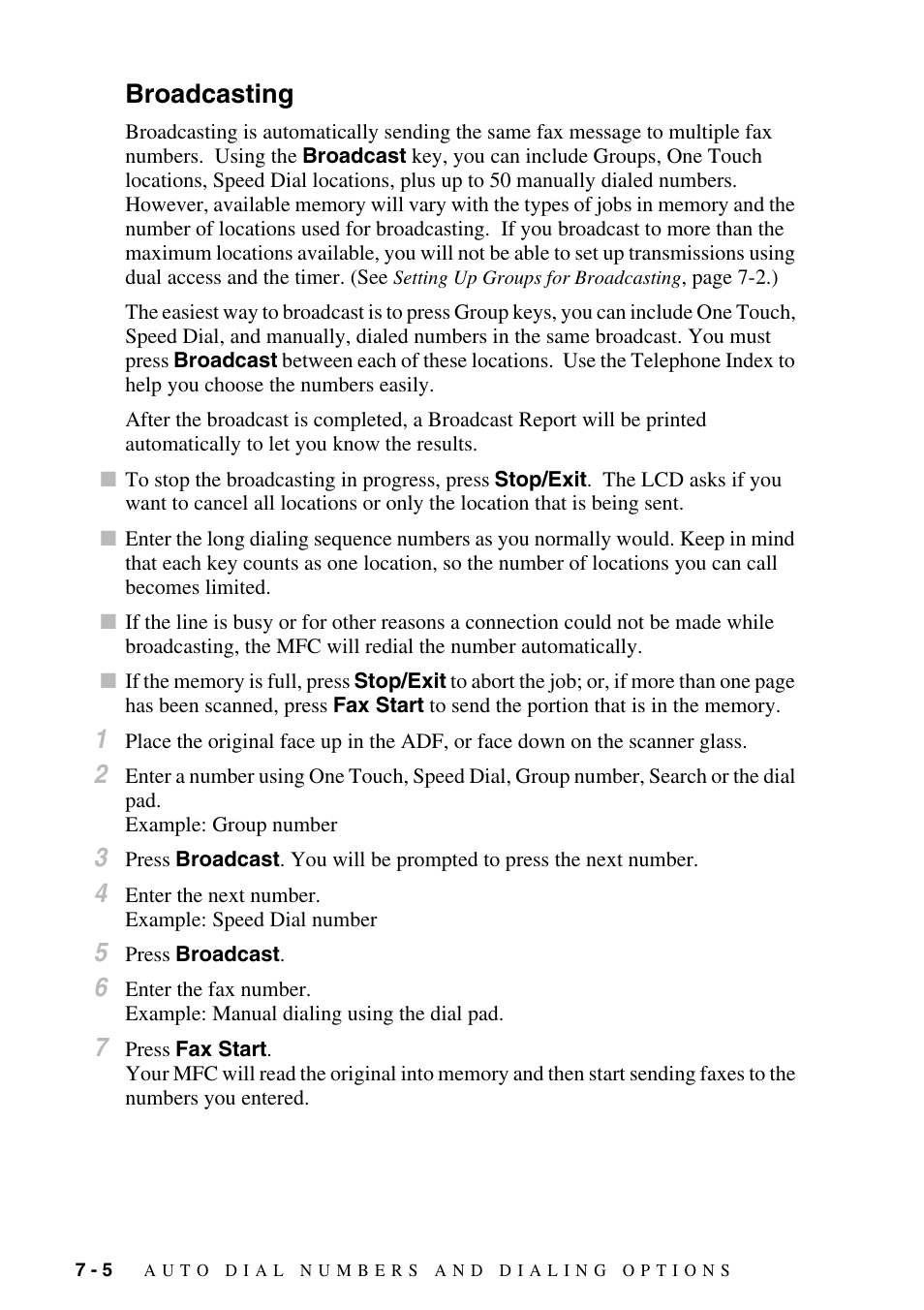 Broadcasting, Broadcasting -5, Up to 131 numbers to one large group. (see | Brother MFC-9800 User Manual | Page 76 / 232