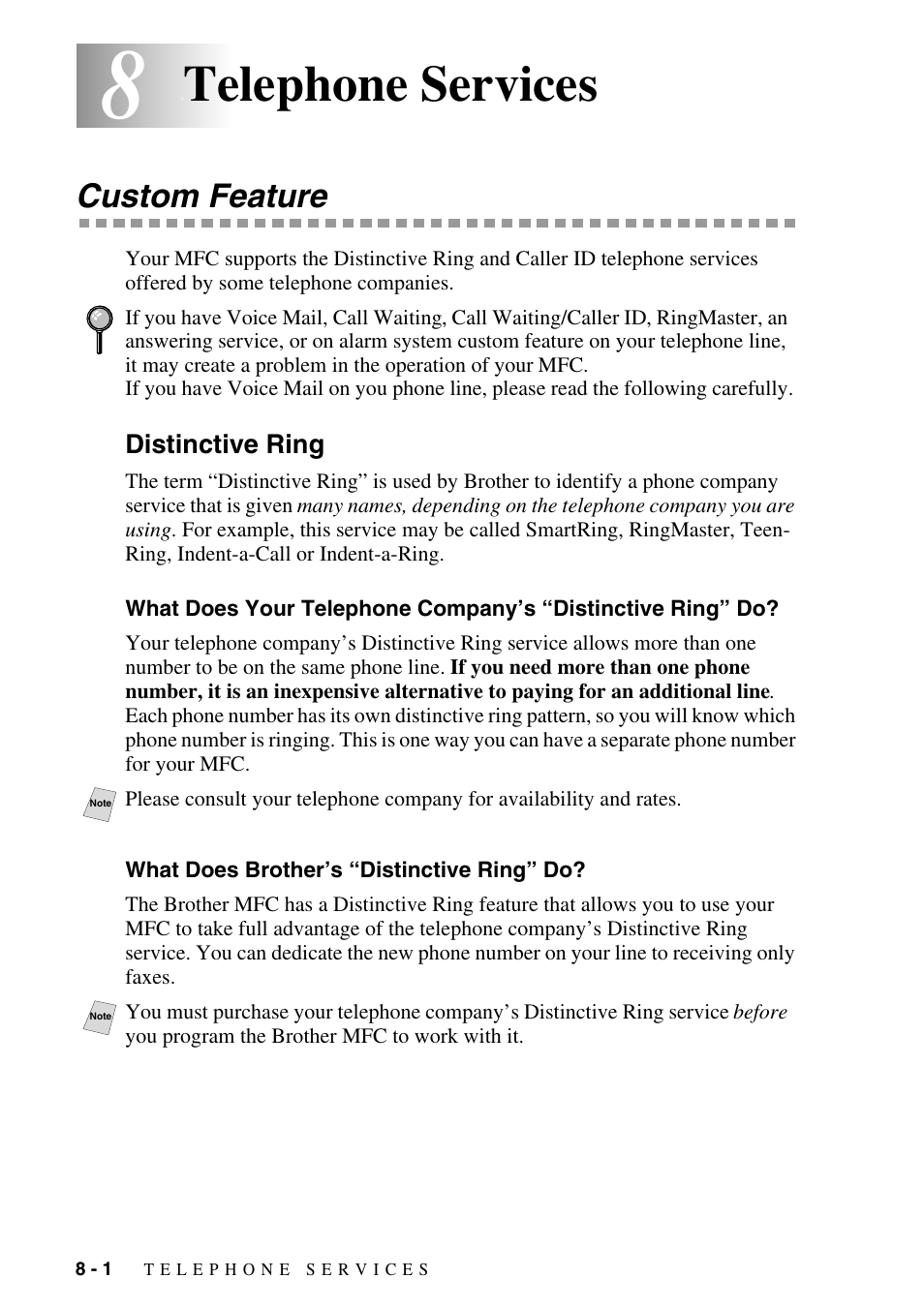 8 telephone services, Custom feature, Distinctive ring | What does brother’s “distinctive ring” do, Telephone services -1, Custom feature -1, Distinctive ring -1, What does your telephone company’s, Distinctive ring” do? -1, What does brother’s “distinctive ring” do? -1 | Brother MFC-9800 User Manual | Page 78 / 232