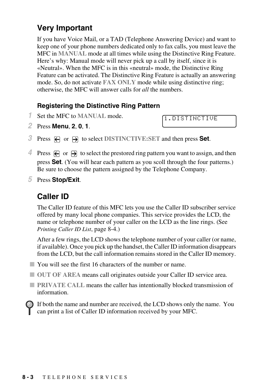 Very important, Registering the distinctive ring pattern, Caller id | Very important -3, Registering the distinctive ring pattern -3, Caller id -3 | Brother MFC-9800 User Manual | Page 80 / 232