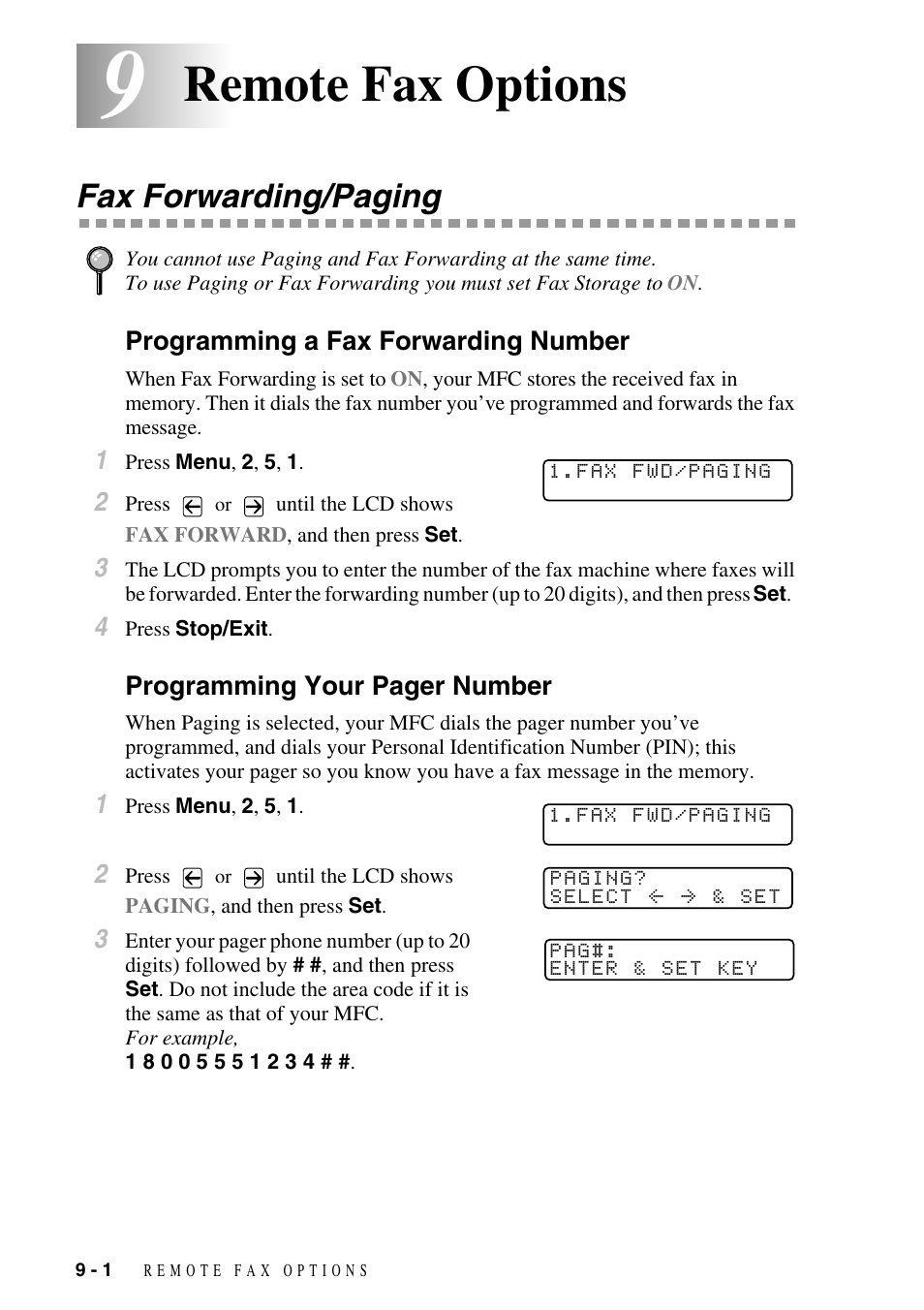 9 remote fax options, Fax forwarding/paging, Programming a fax forwarding number | Remote fax options -1, Fax forwarding/paging -1, Remote fax options | Brother MFC-9800 User Manual | Page 82 / 232