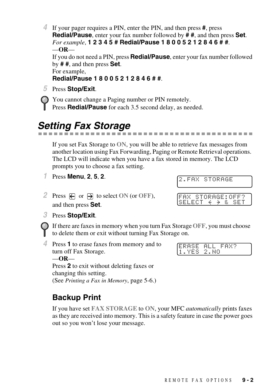 Setting fax storage, Backup print, Setting fax storage -2 | Backup print -2 | Brother MFC-9800 User Manual | Page 83 / 232
