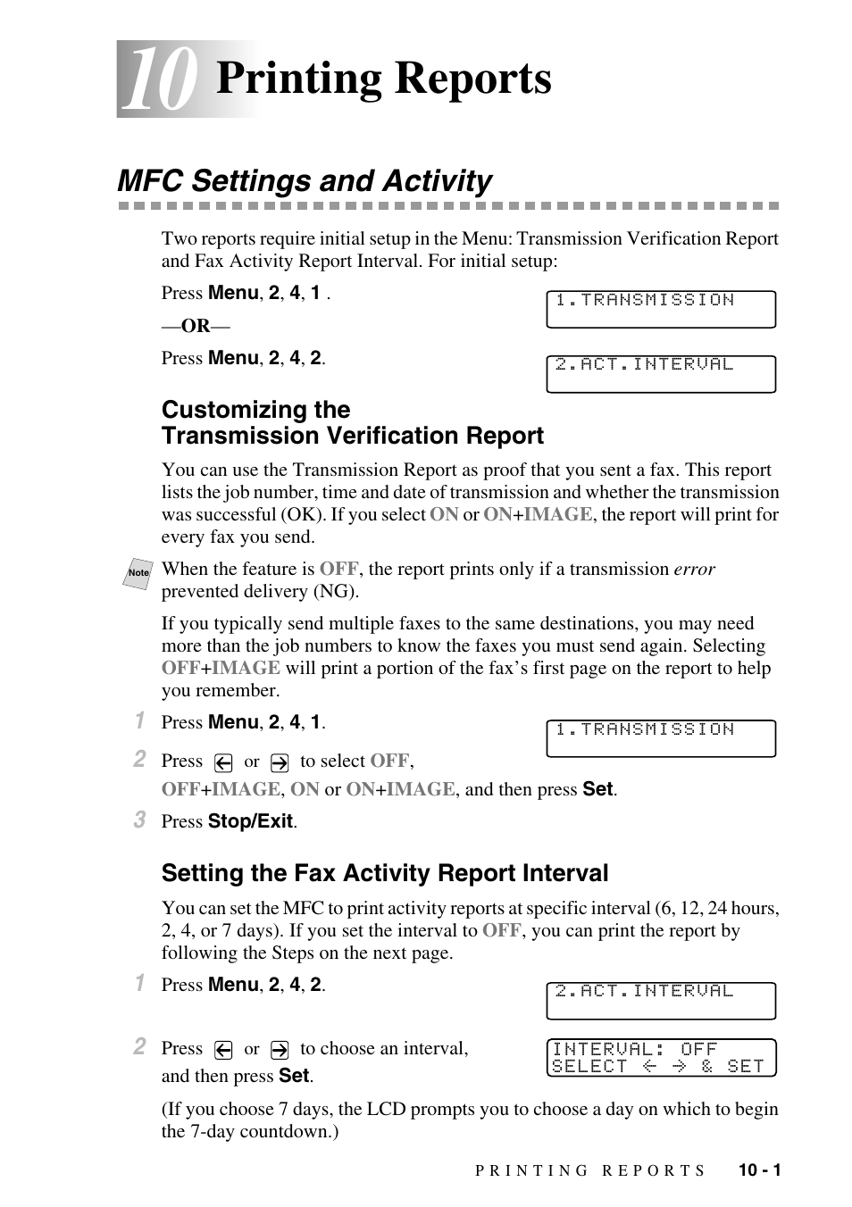 10 printing reports, Mfc settings and activity, Customizing the transmission verification report | Setting the fax activity report interval, Printing reports -1, Mfc settings and activity -1, Chapter 10, printing reports.), Printing reports | Brother MFC-9800 User Manual | Page 87 / 232