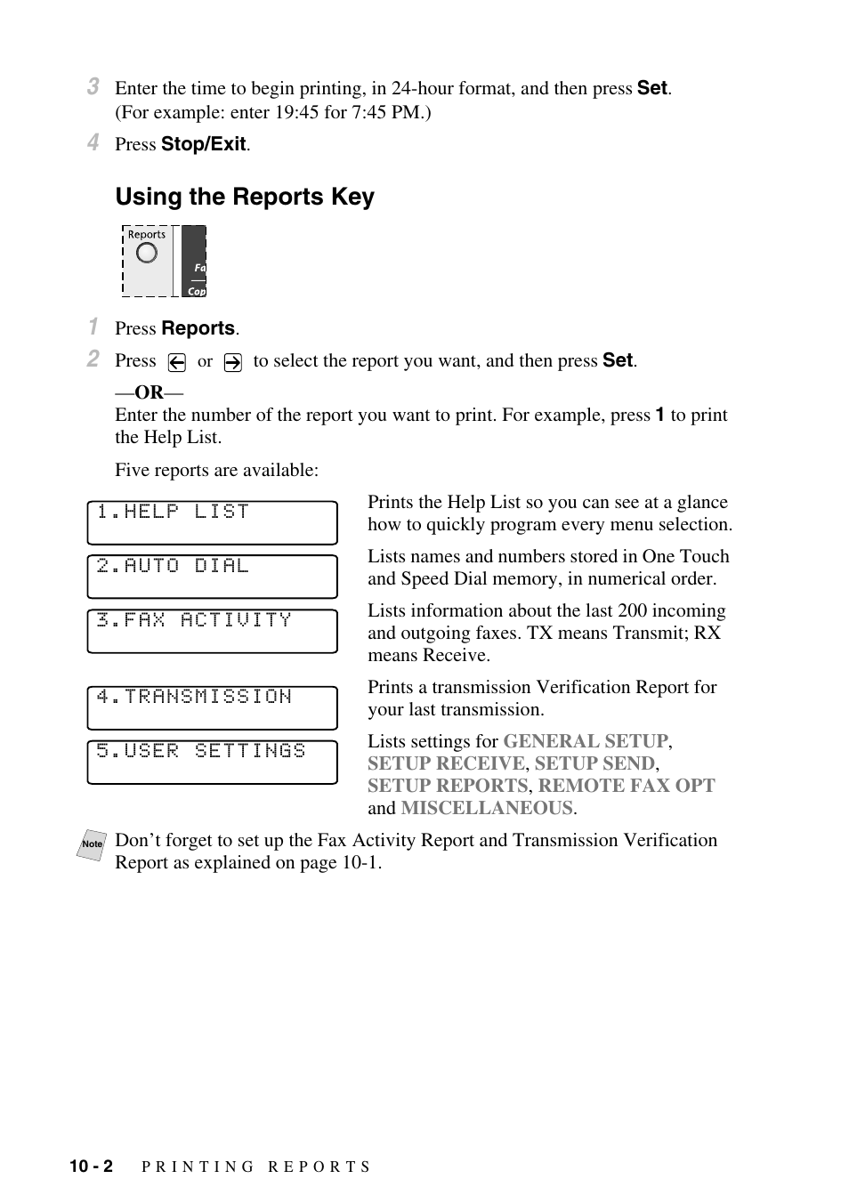 Using the reports key, Using the reports key -2, Using the reports key 1 | Brother MFC-9800 User Manual | Page 88 / 232