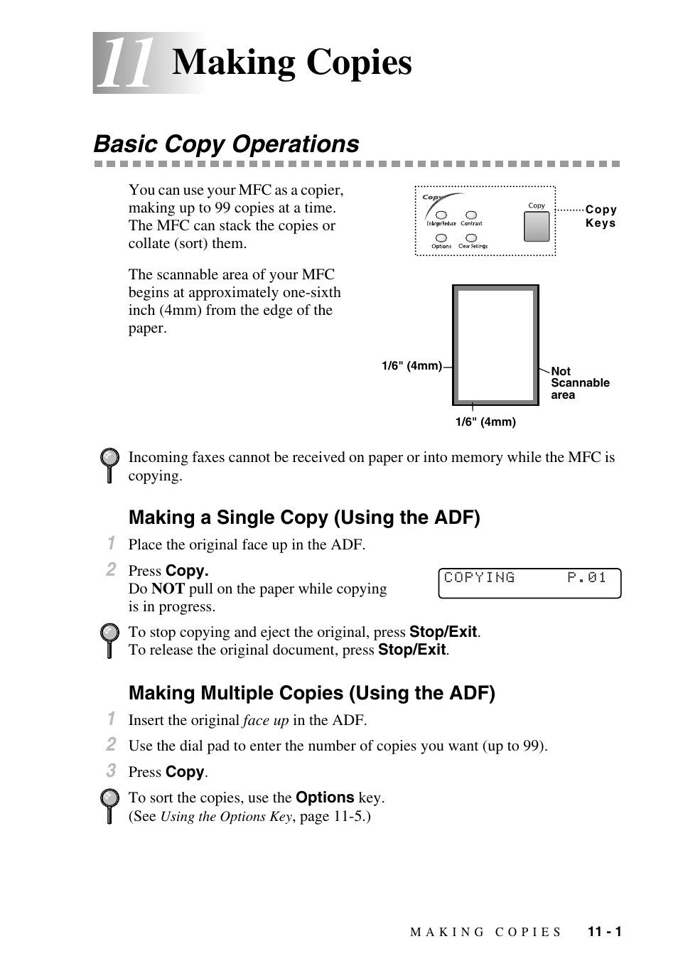 11 making copies, Basic copy operations, Making a single copy (using the adf) | Making multiple copies (using the adf), Making copies -1, Basic copy operations -1, Making copies | Brother MFC-9800 User Manual | Page 89 / 232