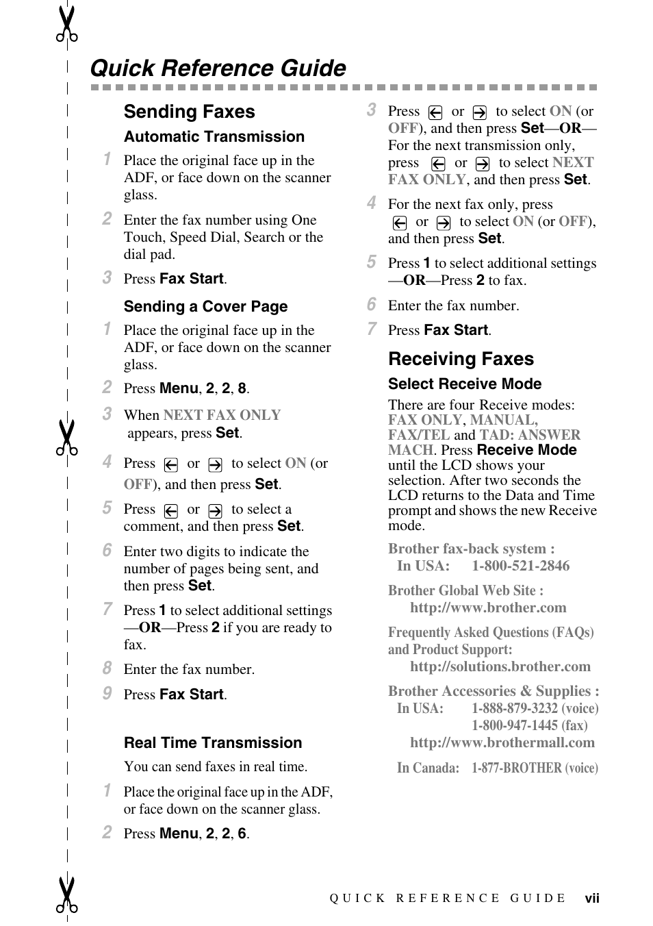 Quick reference guide, Sending faxes, Automatic transmission | Real time transmission, Receiving faxes, Select receive mode | Brother MFC-9800 User Manual | Page 9 / 232