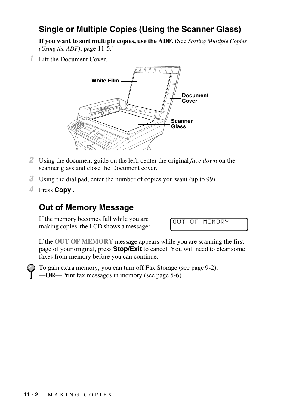 Out of memory message | Brother MFC-9800 User Manual | Page 90 / 232