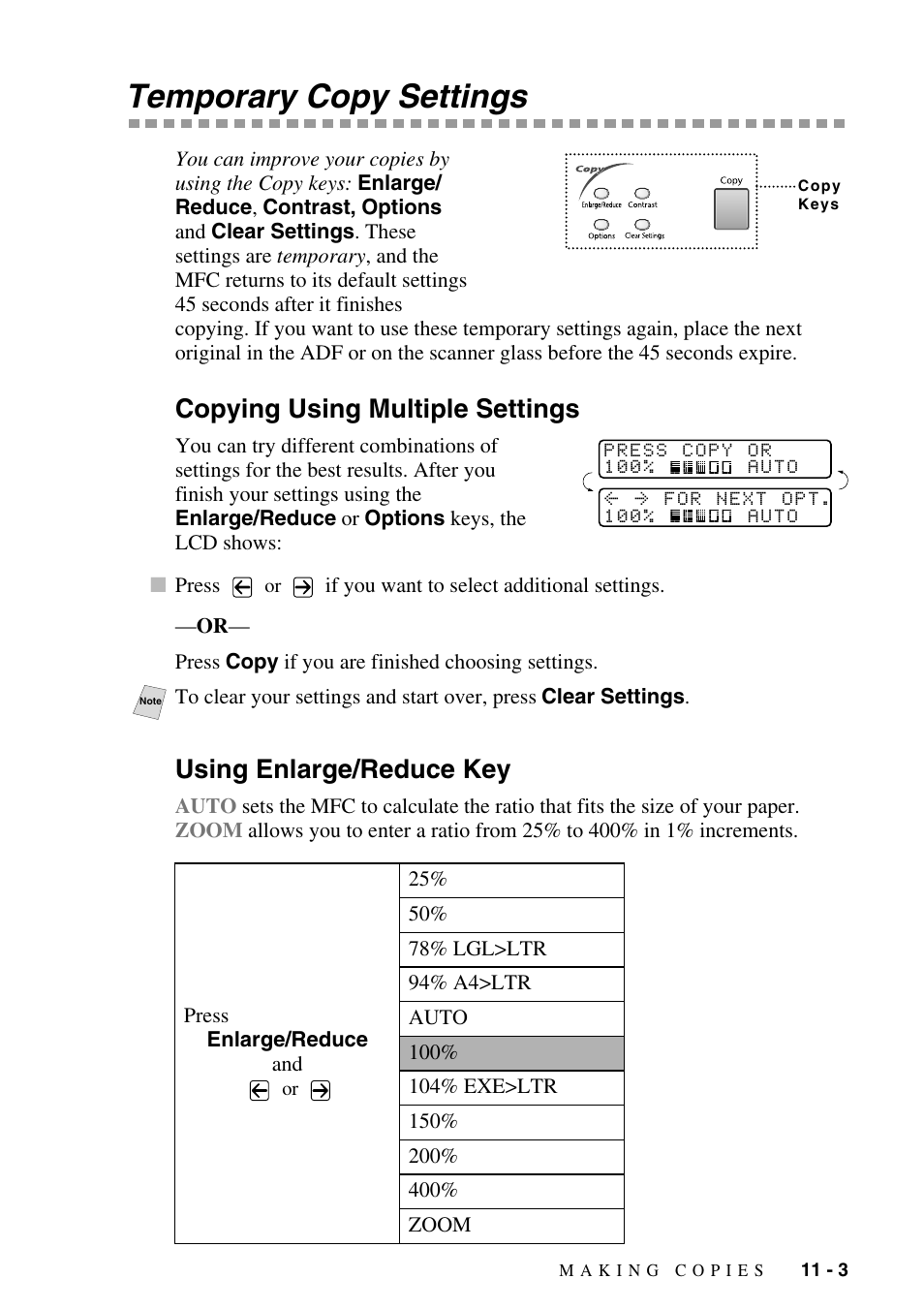 Temporary copy settings, Copying using multiple settings, Using enlarge/reduce key | Temporary copy settings -3 | Brother MFC-9800 User Manual | Page 91 / 232