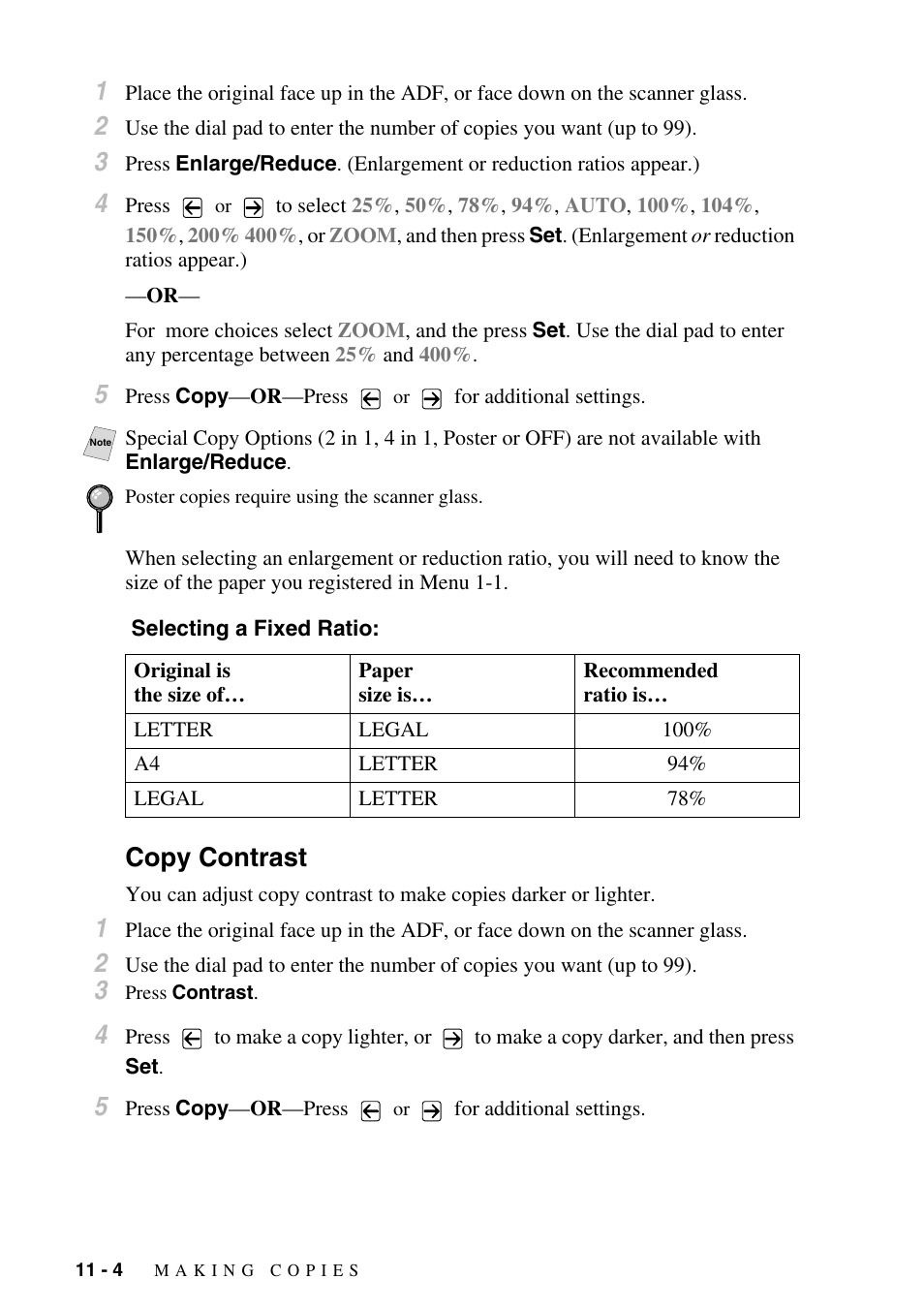Selecting a fixed ratio, Copy contrast, Copy contrast -4 | Brother MFC-9800 User Manual | Page 92 / 232