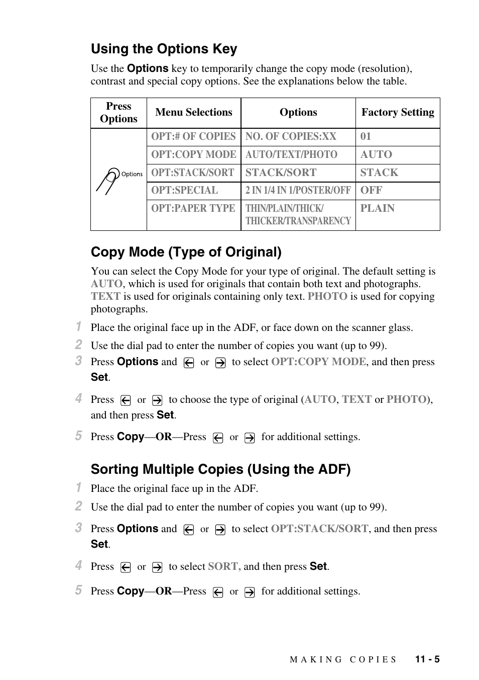 Using the options key, Copy mode (type of original), Sorting multiple copies (using the adf) | Sorting multiple copies, Using the adf), Sorting multiple copies (using the adf) 1 | Brother MFC-9800 User Manual | Page 93 / 232