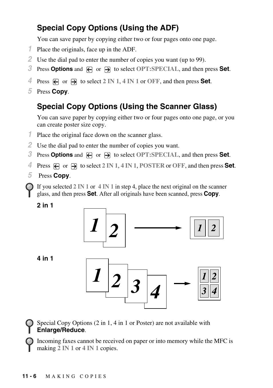 Special copy options (using the adf), Special copy options (using the scanner glass), 2 in 1 | 4 in 1, 2 in 1 -6 4 in 1 -6 | Brother MFC-9800 User Manual | Page 94 / 232