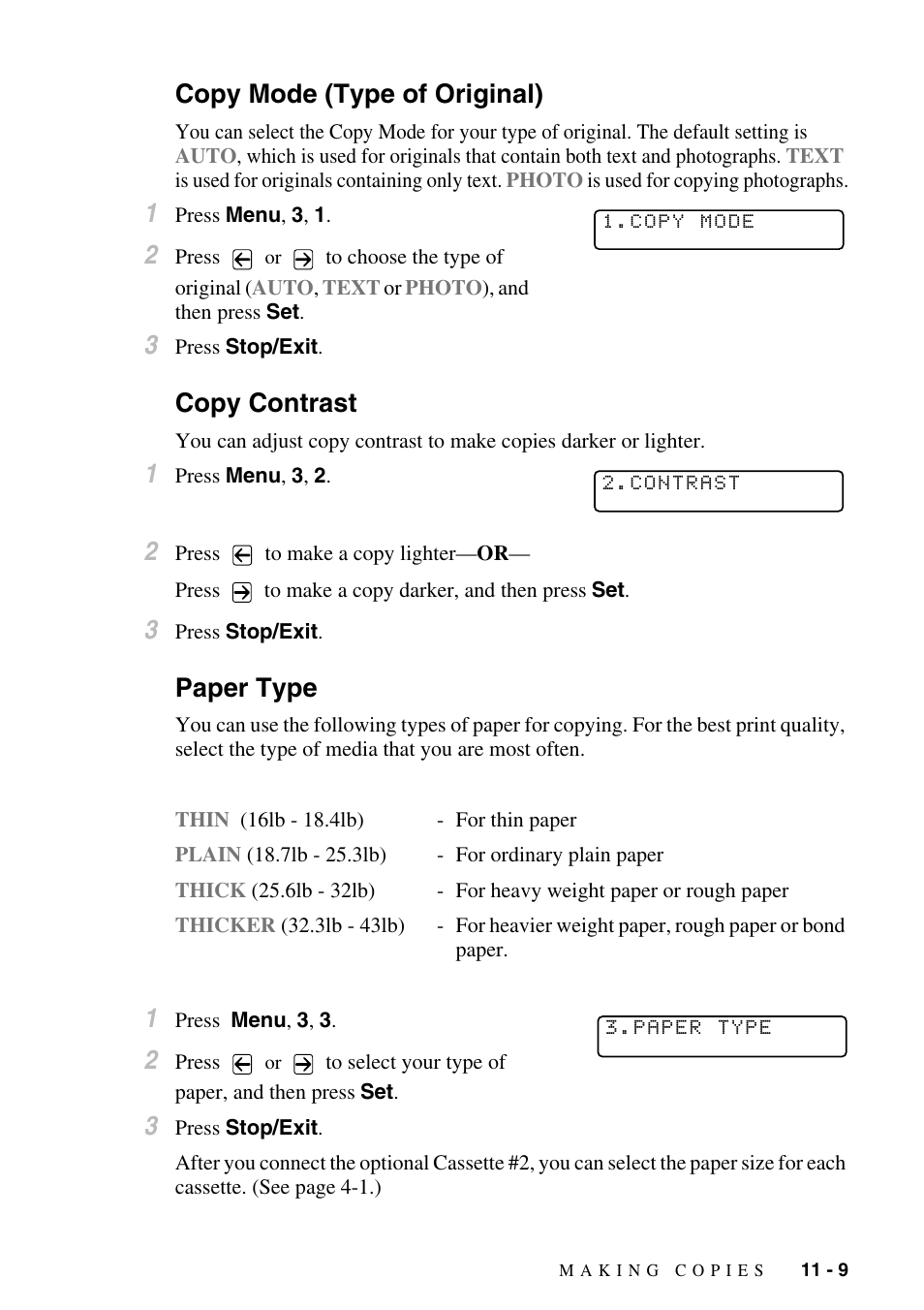 Copy mode (type of original), Copy contrast, Paper type | Brother MFC-9800 User Manual | Page 97 / 232