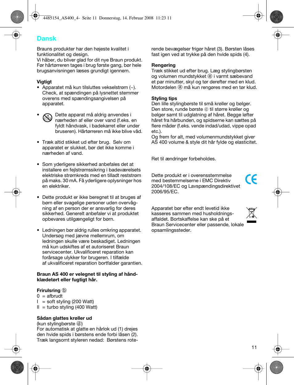 Dansk | Braun AS400 Volume & Style User Manual | Page 11 / 38