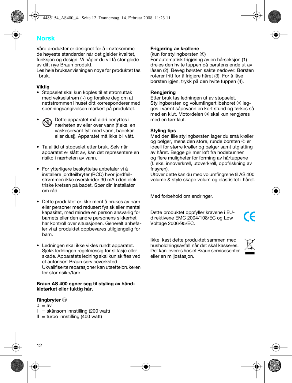 Norsk | Braun AS400 Volume & Style User Manual | Page 12 / 38