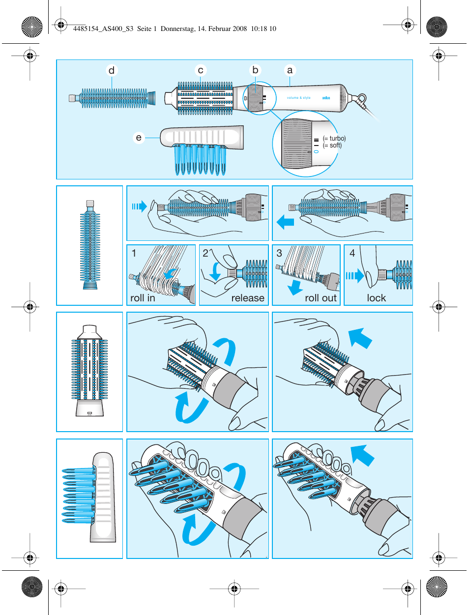 Ac d 1 e b, Roll in release roll out lock | Braun AS400 Volume & Style User Manual | Page 3 / 38