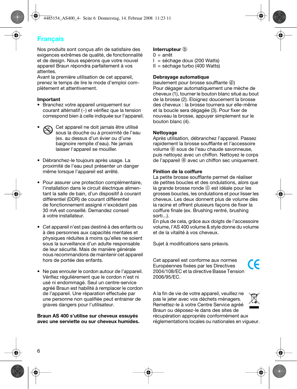 Français | Braun AS400 Volume & Style User Manual | Page 6 / 38