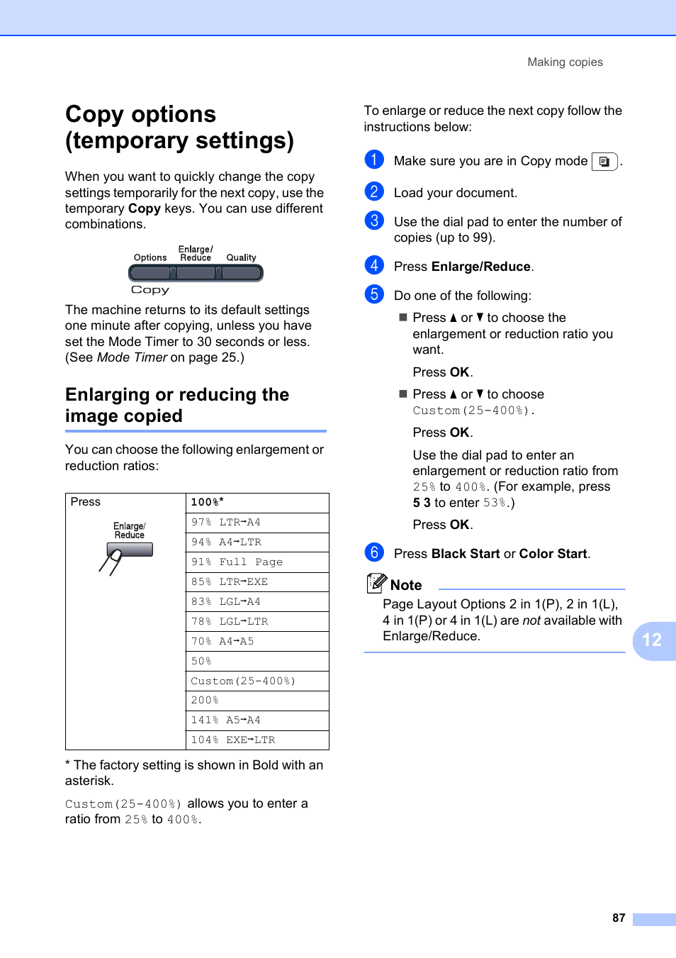 Copy options (temporary settings), Enlarging or reducing the image copied | Brother MFC-9120CN User Manual | Page 103 / 264